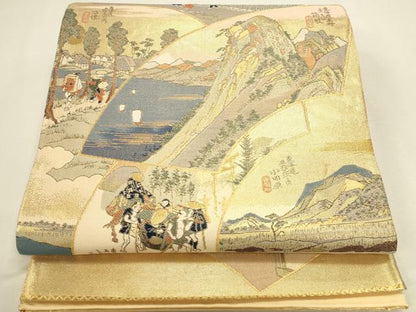 平和屋本店▼全通全景柄袋帯　東海道五拾三次絵図　本金箔織　正絹　逸品　DABK2626op
