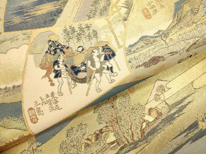 平和屋本店▼全通全景柄袋帯　東海道五拾三次絵図　本金箔織　正絹　逸品　DABK2626op