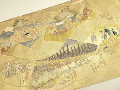 平和屋本店▼全通全景柄袋帯　東海道五拾三次絵図　本金箔織　正絹　逸品　DABK2626op