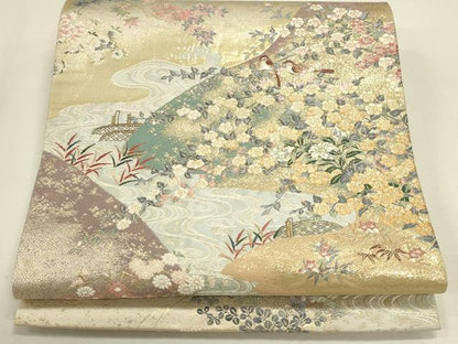 平和屋本店▼六通柄袋帯　唐織　遠山花暦　九百錦本金箔　正絹　逸品　DABK2631op