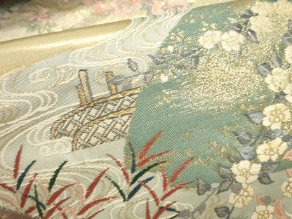 平和屋本店▼六通柄袋帯　唐織　遠山花暦　九百錦本金箔　正絹　逸品　DABK2631op