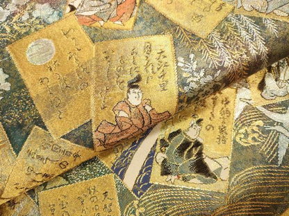 平和屋本店▼全通全景柄袋帯　百人一首　本金箔プラチナ箔　正絹　逸品　DABK2634op