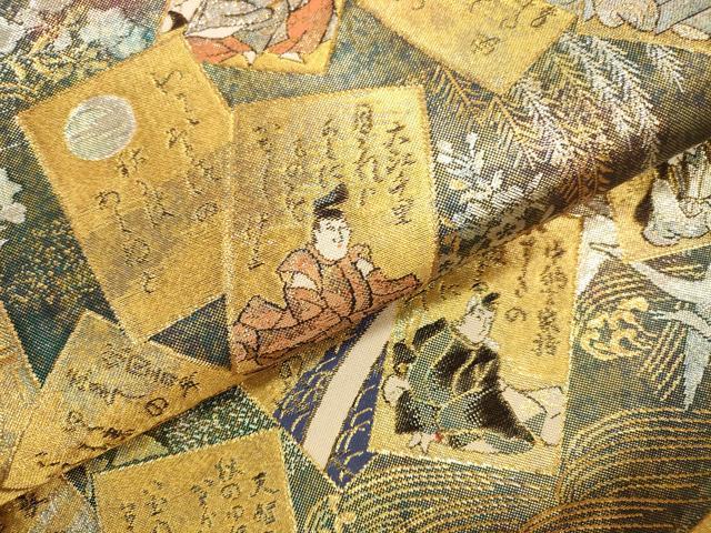 平和屋本店▼全通全景柄袋帯　百人一首　本金箔プラチナ箔　正絹　逸品　DABK2634op