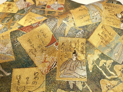 平和屋本店▼全通全景柄袋帯　百人一首　本金箔プラチナ箔　正絹　逸品　DABK2634op
