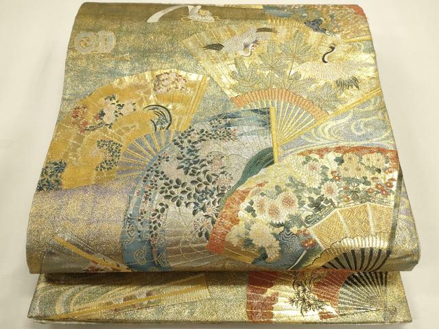 平和屋着物▼極上　西陣あさぎ　全通全景柄袋帯　扇面花文　徳川美術館秘蔵　本金プラチナ二重箔　正絹　逸品　DABK2636op
