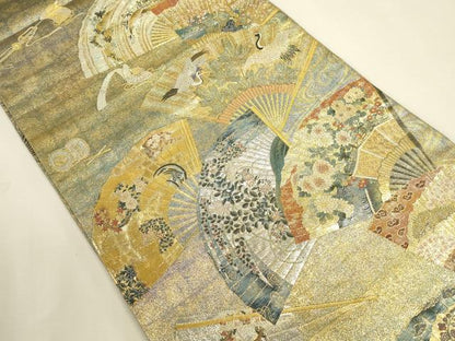 平和屋着物▼極上　西陣あさぎ　全通全景柄袋帯　扇面花文　徳川美術館秘蔵　本金プラチナ二重箔　正絹　逸品　DABK2636op