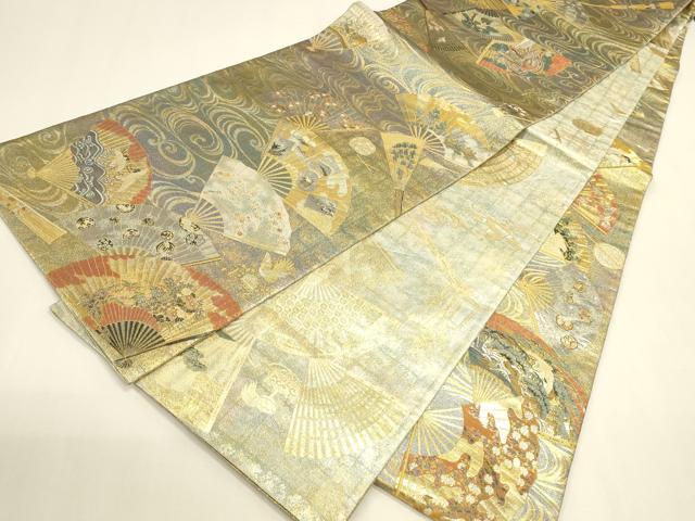 平和屋着物▼極上　西陣あさぎ　全通全景柄袋帯　扇面花文　徳川美術館秘蔵　本金プラチナ二重箔　正絹　逸品　DABK2636op
