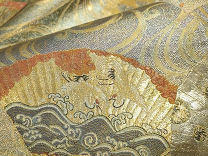 平和屋着物▼極上　西陣あさぎ　全通全景柄袋帯　扇面花文　徳川美術館秘蔵　本金プラチナ二重箔　正絹　逸品　DABK2636op