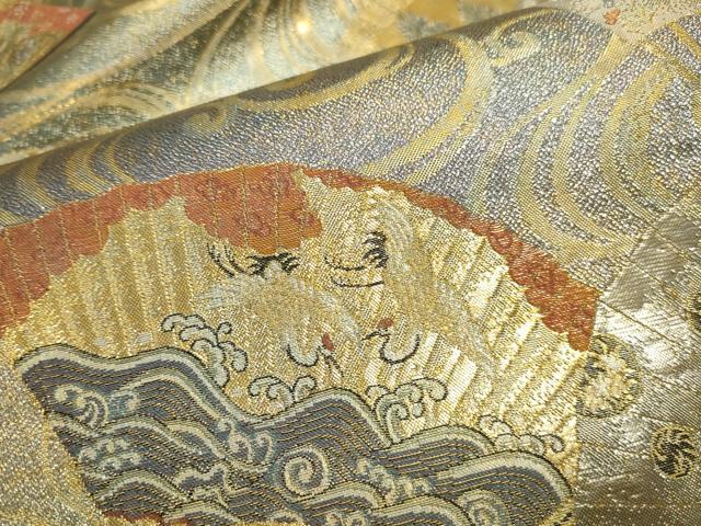 平和屋着物▼極上　西陣あさぎ　全通全景柄袋帯　扇面花文　徳川美術館秘蔵　本金プラチナ二重箔　正絹　逸品　DABK2636op