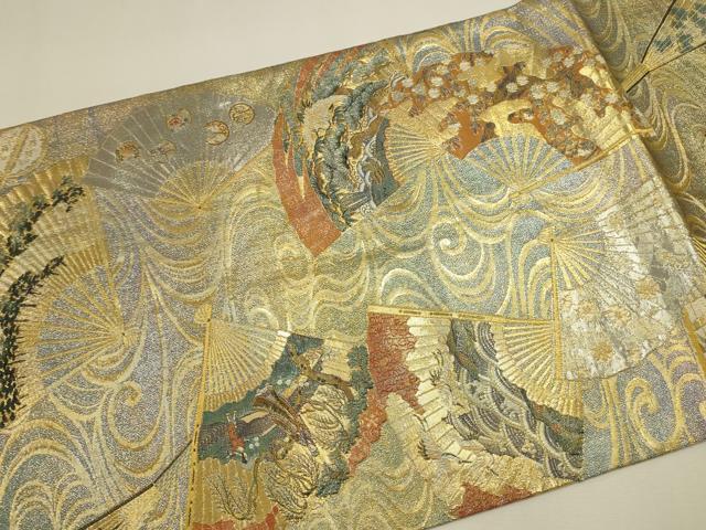 平和屋着物▼極上　西陣あさぎ　全通全景柄袋帯　扇面花文　徳川美術館秘蔵　本金プラチナ二重箔　正絹　逸品　DABK2636op