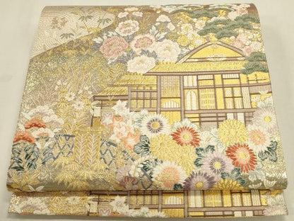 平和屋本店▼六通柄袋帯　唐織　流水古都之旅　九百本金弐重織　正絹　逸品　DABK2641op