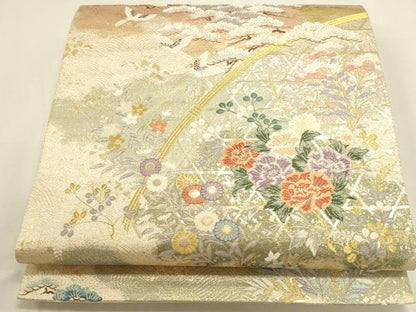 平和屋本店▼六通柄袋帯　唐織　檜垣流水花文　九百本金弐重織　正絹　逸品　DABK2642op