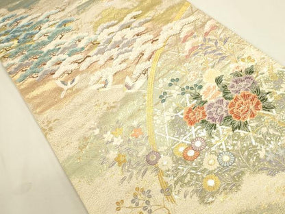 平和屋本店▼六通柄袋帯　唐織　檜垣流水花文　九百本金弐重織　正絹　逸品　DABK2642op