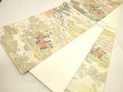 平和屋本店▼六通柄袋帯　唐織　檜垣流水花文　九百本金弐重織　正絹　逸品　DABK2642op