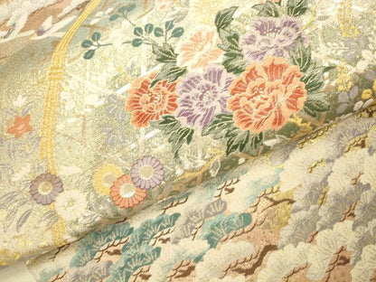 平和屋本店▼六通柄袋帯　唐織　檜垣流水花文　九百本金弐重織　正絹　逸品　DABK2642op