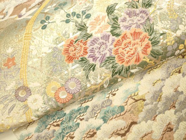 平和屋本店▼六通柄袋帯　唐織　檜垣流水花文　九百本金弐重織　正絹　逸品　DABK2642op