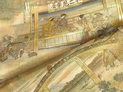 平和屋本店▼極上　西陣あさぎ　全通全景柄袋帯　北舟　富獄三十六景　24金プラチナ二重箔　正絹　逸品　DABK2646op