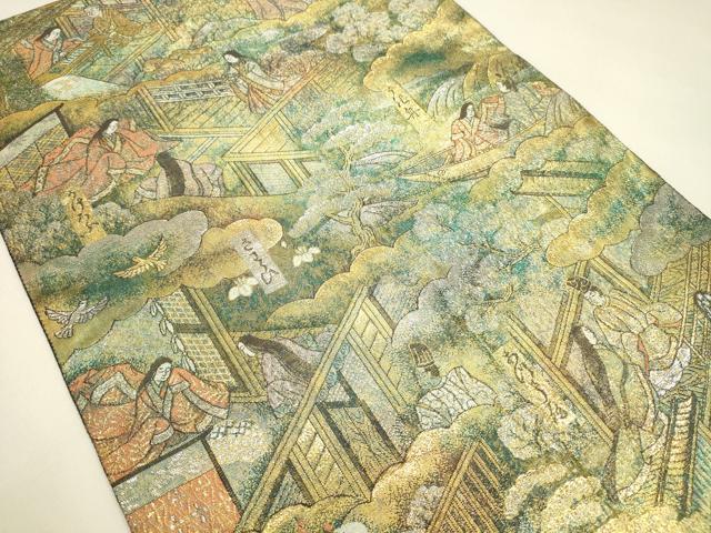 平和屋本店▼全通全景柄袋帯　源氏物語絵巻　24金プラチナ二重箔　正絹　逸品　DABK2648op