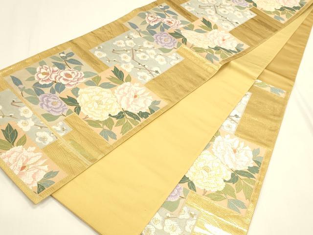 平和屋本店▼六通柄袋帯　唐織　色紙花文　枝梅　純金箔　正絹　逸品　DABK2649op