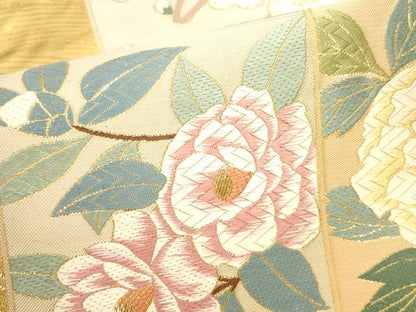 平和屋本店▼六通柄袋帯　唐織　色紙花文　枝梅　純金箔　正絹　逸品　DABK2649op