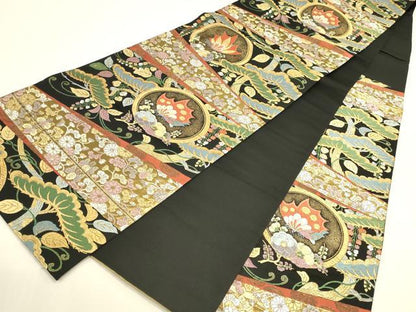 平和屋本店▼六通柄袋帯　唐織　能衣松に蝶の丸　黒地　本金箔　正絹　逸品　DABK2653op