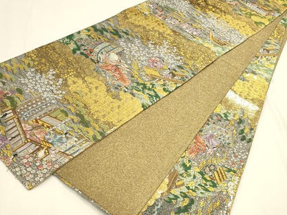 平和屋本店▼全通全景柄袋帯　唐織　人物花文　弐拾四金箔　正絹　逸品　未使用　DABK2654op