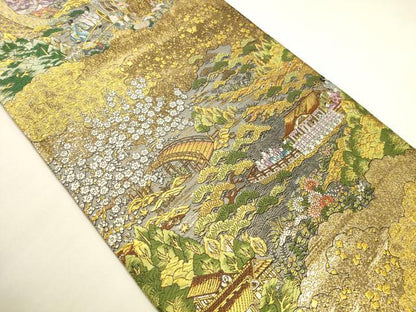 平和屋本店▼全通全景柄袋帯　唐織　人物花文　弐拾四金箔　正絹　逸品　未使用　DABK2654op