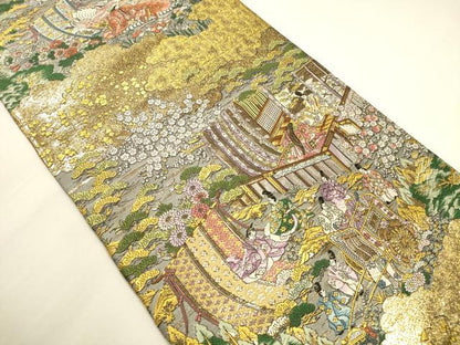 平和屋本店▼全通全景柄袋帯　唐織　人物花文　弐拾四金箔　正絹　逸品　未使用　DABK2654op