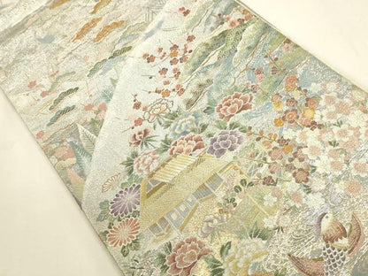 平和屋本店▼極上 西陣あさぎ 両方向 全通全景柄袋帯 日本美術史 壱阡八百口織 プラチナ箔 本金箔 証紙付き 正絹 逸品 DABK2668op