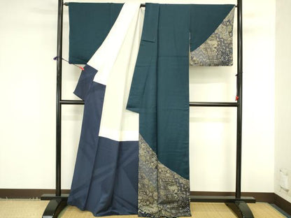 平和屋着物●染色作家　斉藤三才　訪問着　切嵌花鳥文　金彩　正絹　逸品　DABK2742op