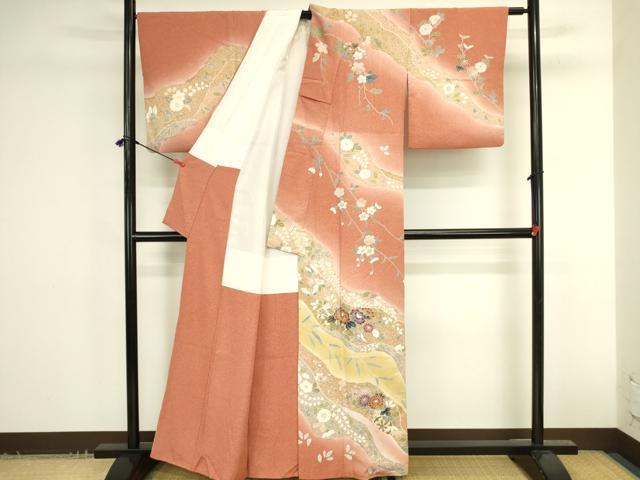 平和屋着物●訪問着　絞り　草花　暈し染め　金彩　正絹　逸品　DABK2749op