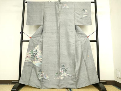 平和屋着物●十日町友禅作家　岡村蒼風　訪問着　紬地　風景花松文　暈し染め　正絹　逸品　DABK2756op
