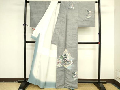 平和屋着物●十日町友禅作家　岡村蒼風　訪問着　紬地　風景花松文　暈し染め　正絹　逸品　DABK2756op