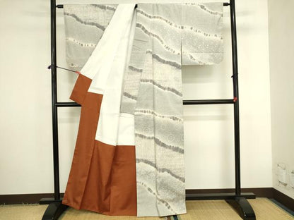 平和屋着物●訪問着　紬地　杢目絞り　花唐草文　暈し染め　正絹　逸品　DABK2794op