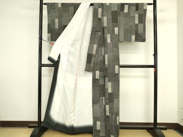 平和屋着物●伝統工芸士 染谷梅治　小紋　短冊吉祥花小紋柄　黒地　さが美扱い　正絹　逸品　未使用　DABK2803op
