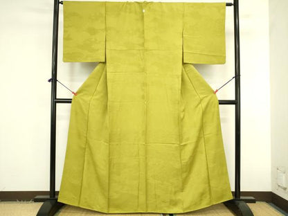 平和屋着物●上質な色無地　雲取吉祥地紋　鶸色　正絹　逸品　DABK2852op