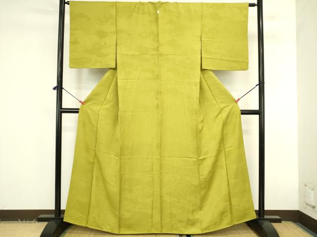 平和屋着物●上質な色無地　雲取吉祥地紋　鶸色　正絹　逸品　DABK2852op