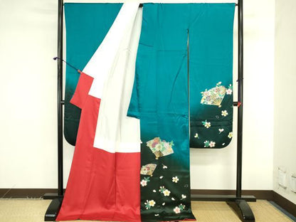 平和屋着物●豪華振袖　扇面花文　暈し染め　金銀彩　正絹　逸品　DABK2860op