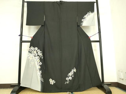 平和屋着物●訪問着　胡蝶蘭　暈し染め　黒地　正絹　逸品　DABK2867op