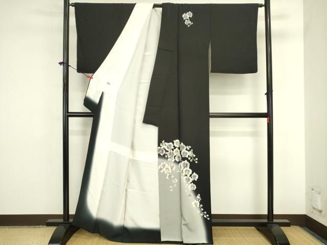平和屋着物●訪問着　胡蝶蘭　暈し染め　黒地　正絹　逸品　DABK2867op