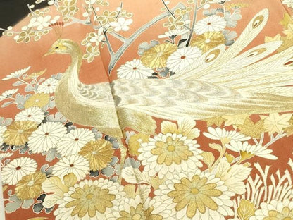 平和屋着物▼豪華黒留袖　刺繍　孔雀花文　暈し染め　金彩　正絹　逸品　DABK2900op