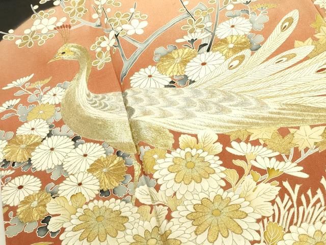 平和屋着物▼豪華黒留袖　刺繍　孔雀花文　暈し染め　金彩　正絹　逸品　DABK2900op