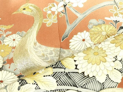 平和屋着物▼豪華黒留袖　刺繍　孔雀花文　暈し染め　金彩　正絹　逸品　DABK2900op