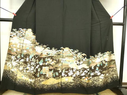 平和屋着物●豪華黒留袖　御所車人物花文　本金箔　正絹　逸品　DABK2902op