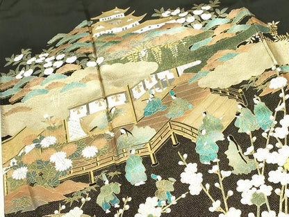 平和屋着物●豪華黒留袖　御所車人物花文　本金箔　正絹　逸品　DABK2902op