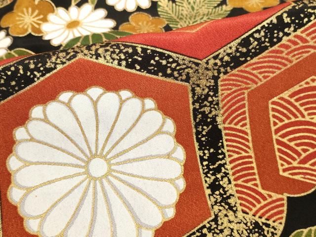 平和屋着物▼黒留袖　駒刺繍　亀甲花文　金彩　洗える着物　DABK2903op