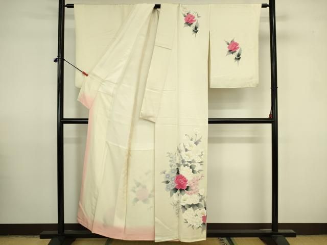 平和屋着物▼訪問着　手描き　草花　正絹　逸品　DABK2911op