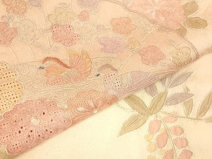 平和屋着物▼中国三大刺繍　汕頭刺繍　スワトウ刺繍　総刺繍　訪問着　檜扇鴛鴦花文　暈し染め　正絹　逸品　DABK2913op