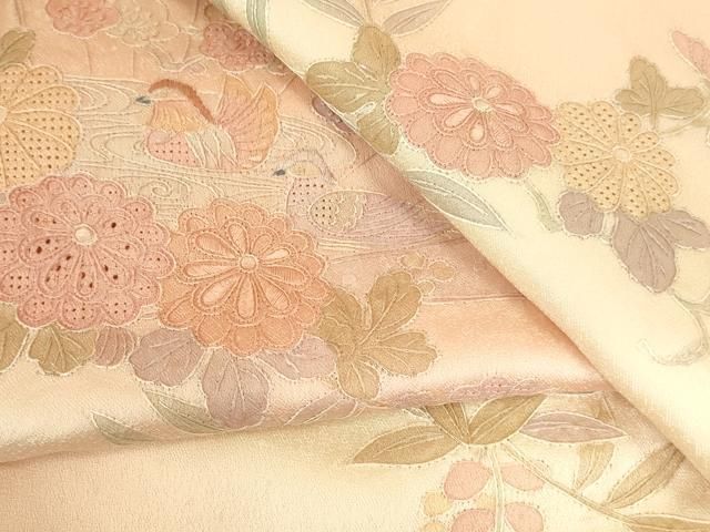 平和屋着物▼中国三大刺繍　汕頭刺繍　スワトウ刺繍　総刺繍　訪問着　檜扇鴛鴦花文　暈し染め　正絹　逸品　DABK2913op