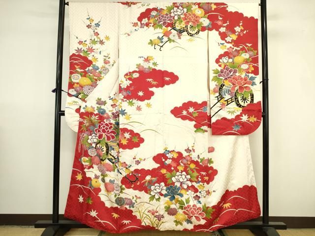 平和屋着物▼豪華振袖　駒刺繍　牡丹　花車文　金彩　正絹　逸品　DABK2917op